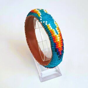 Handmade Seed Bead Bangle 7.5" Faux Leather Multicolor Aztec Style Bracelet